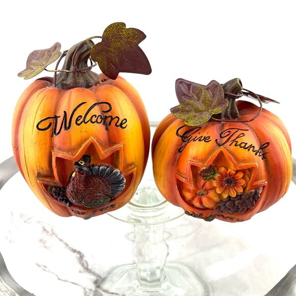 Fall Sentiment Pumpkins Thanksgiving Fall Decor Give Thanks Welcome Set of 2 - Picture 1 of 9